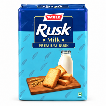 Parle Rusk Milk Premium Rusk blue and turquoise packaging displayed upright against a clean white background.