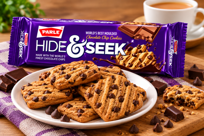 Parle Hide & Seek Chocolate Chip Cookies packet displayed behind a plate of chocolate chip biscuits, with chocolate pieces and a cup of tea on a wooden table.