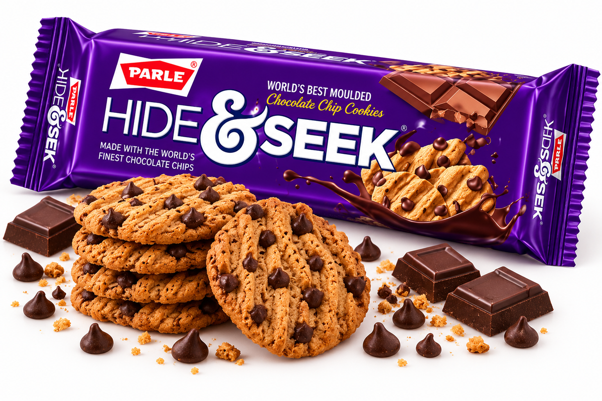 Parle Hide & Seek Chocolate Chip Cookies in Purple Packaging Shown at an Angle with Golden Chocolate Chip Cookies and Chocolate Pieces on a White Background