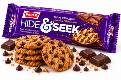 Parle Hide & Seek Chocolate Chip Cookies in Purple Packaging Shown at an Angle with Golden Chocolate Chip Cookies and Chocolate Pieces on a White Background