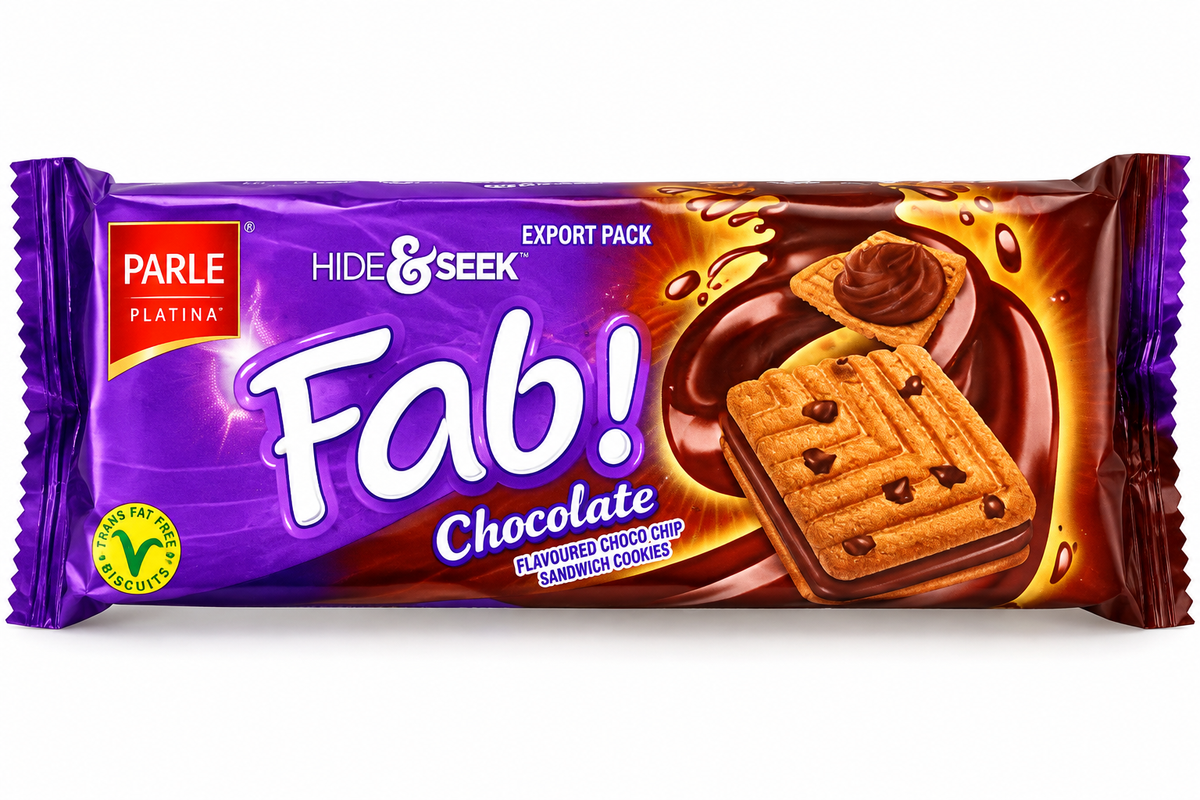 Parle Hide & Seek Fab! Chocolate 112g pack featuring choco chip sandwich cookies with chocolate cream filling