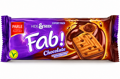 Parle Hide & Seek Fab! Chocolate 112g pack featuring choco chip sandwich cookies with chocolate cream filling