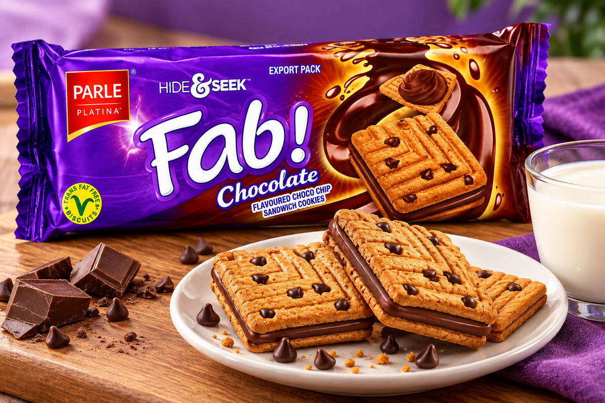 Parle Hide & Seek Fab! Chocolate 112g pack with chocolate chip sandwich cookies, chocolate pieces and a glass of milk in a lifestyle setting.