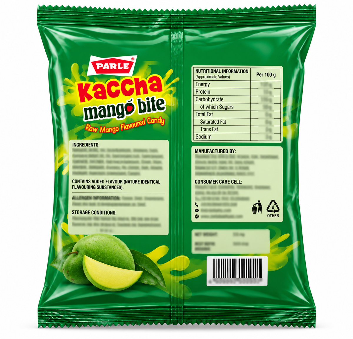 Parle Kaccha Mango Bite 291g Green Candy Packet Back View with Ingredients and Nutritional Information