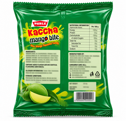 Parle Kaccha Mango Bite 291g Green Candy Packet Back View with Ingredients and Nutritional Information