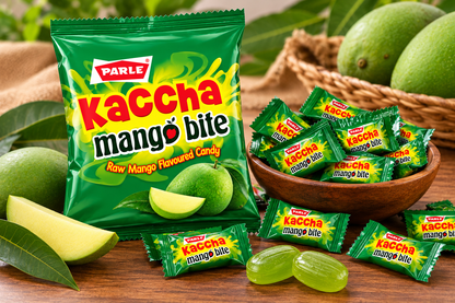 Parle Kaccha Mango Bite Raw Mango Flavoured Candies with Green Mangoes and Fresh Mango Slices on a Wooden Table