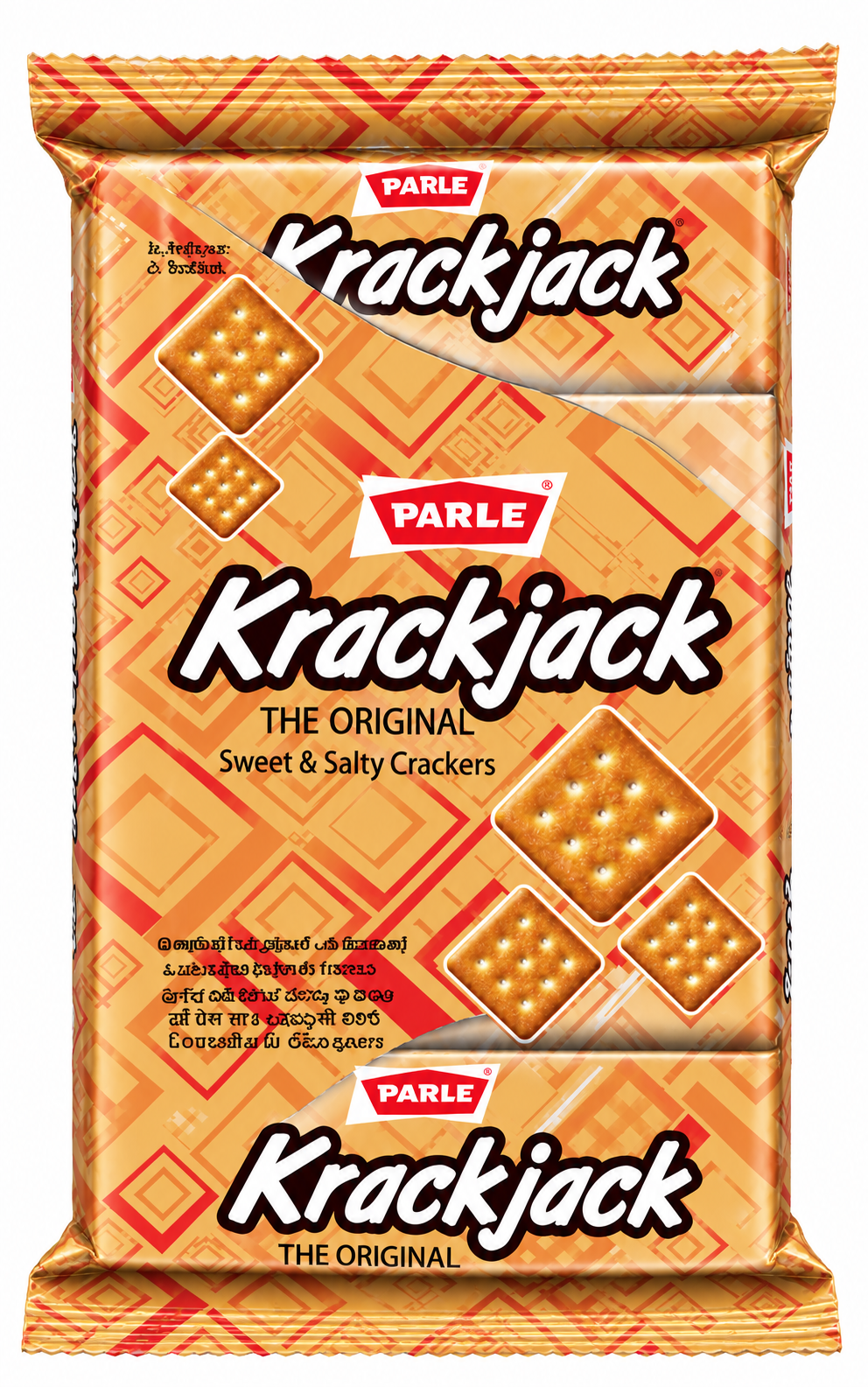 Parle Krackjack Sweet & Salty Crackers 60g packet featuring beige and golden geometric packaging with Parle branding and cracker illustrations on a white background.