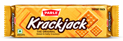 Parle Krackjack Original Sweet and Salty Crackers 60g golden biscuit packet with Parle branding and cracker images on a white background.