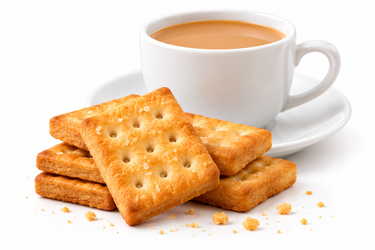 Golden Parle Krackjack-style sweet and salty crackers stacked on a white plate beside a cup of milk tea, with a clean white background.
