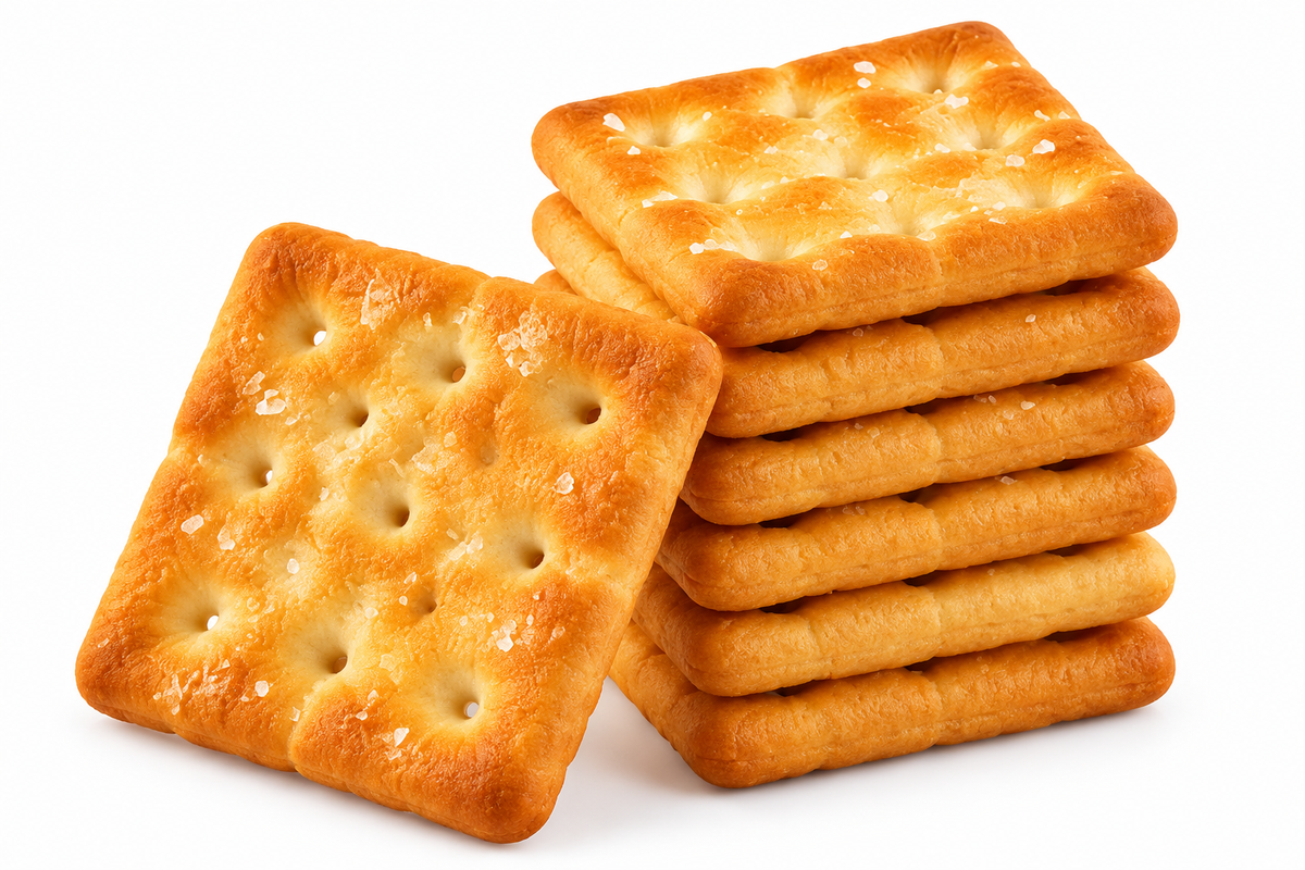 Golden square sweet and salty crackers stacked together with one biscuit displayed in front on a white background.