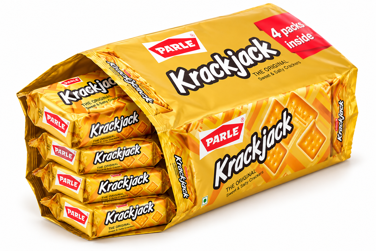 Single Parle Krackjack sweet and salty crackers packet in golden yellow packaging on a white background.