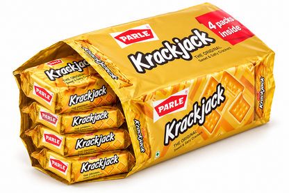 Single Parle Krackjack sweet and salty crackers packet in golden yellow packaging on a white background.