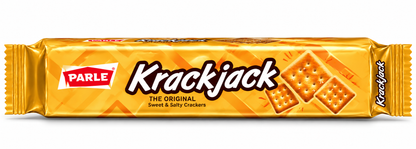 Parle Krackjack Sweet and Salty Crackers Packet Side View with Golden Cracker Design and Yellow Packaging