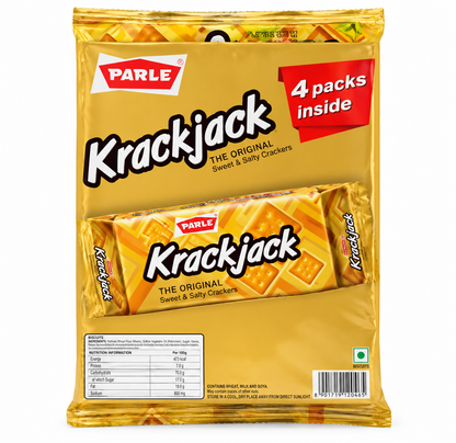 Parle Krackjack sweet and salty multipack biscuits in golden yellow packaging with four individual packs inside.