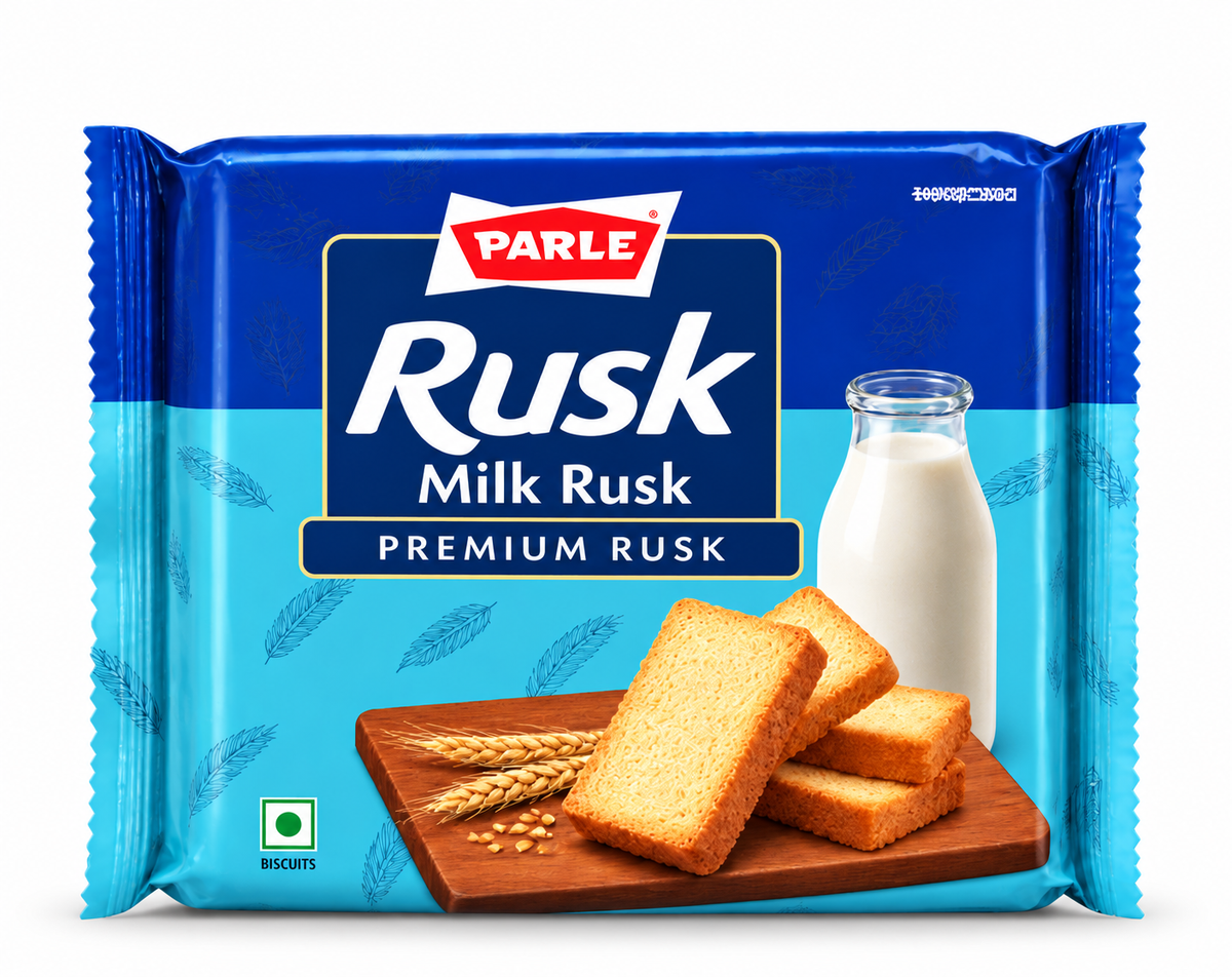 Parle Milk Rusk Premium Rusk 182g blue and turquoise packet featuring golden rusks, a glass bottle of milk and wheat on the front packaging.