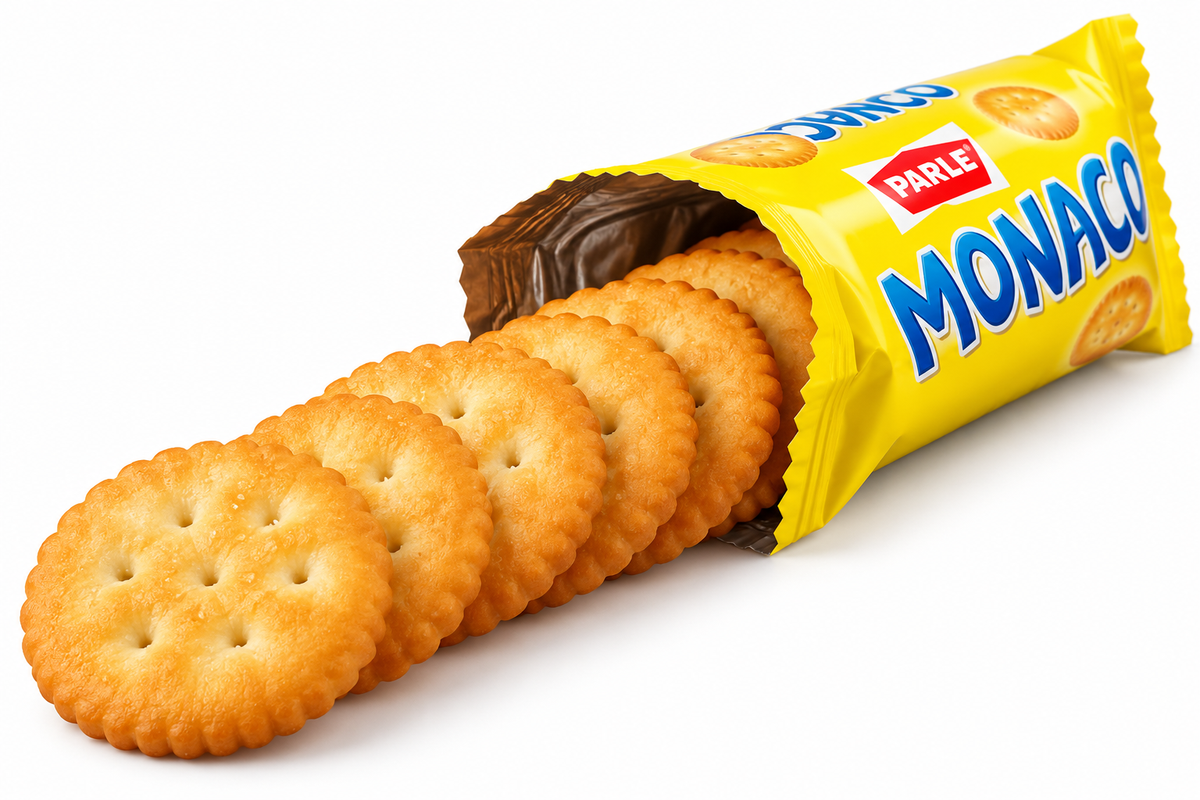 Open yellow Parle Monaco biscuit packet with golden, crispy salted crackers spilling out onto a white background.