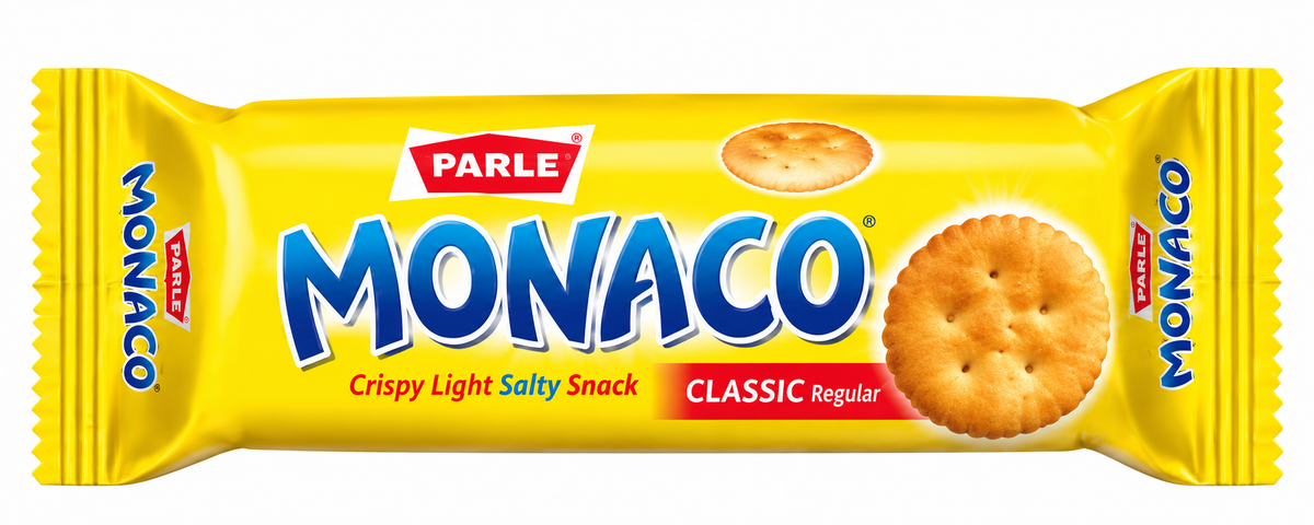 Parle Monaco salted biscuits 60g yellow packet featuring blue Monaco branding and golden cracker illustrations on a clean white background.