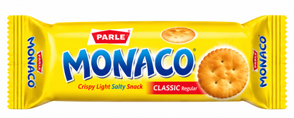 Parle Monaco salted biscuits 60g yellow packet featuring blue Monaco branding and golden cracker illustrations on a clean white background.