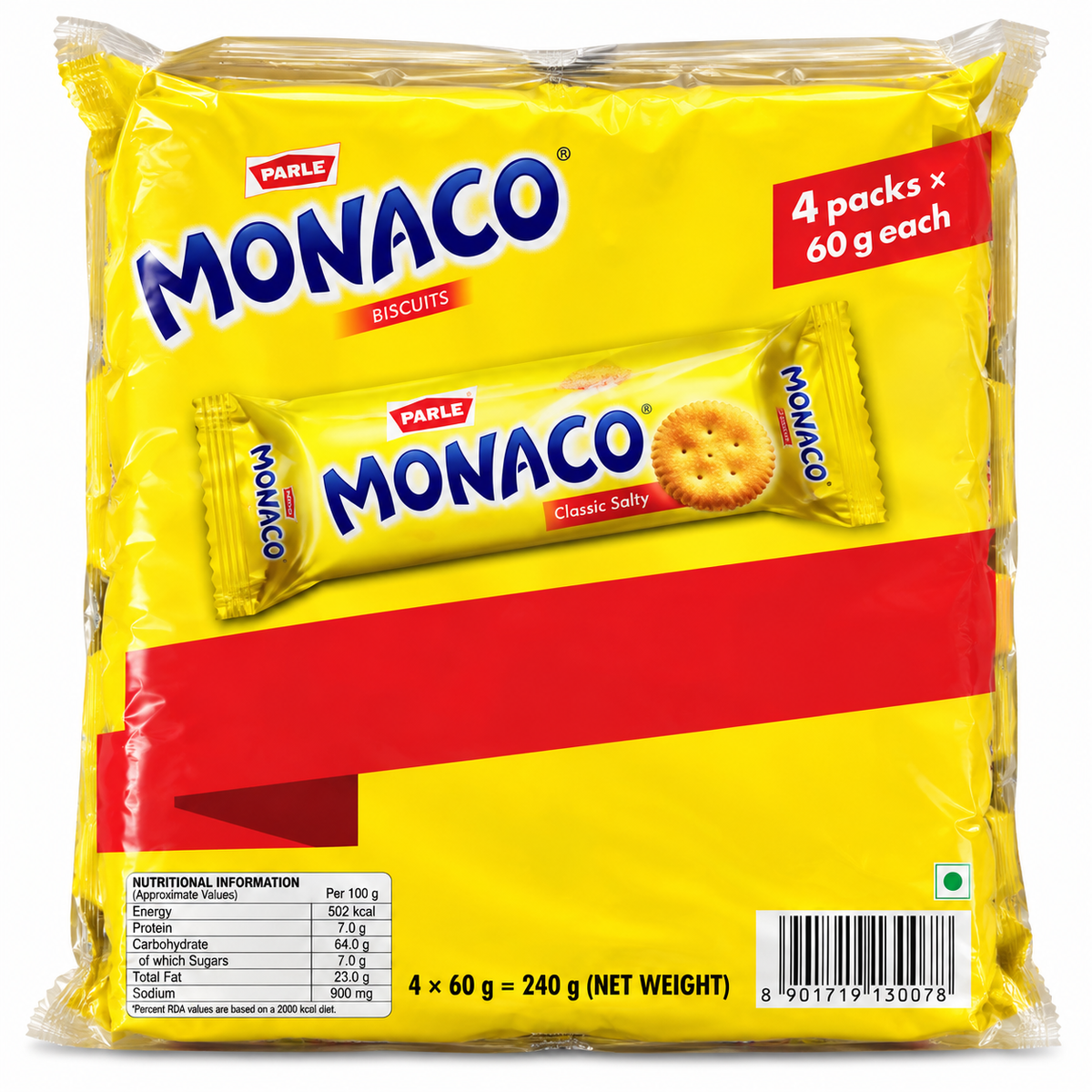 Parle Monaco Salted Biscuits multipack displayed with an open box of individual packets, a bowl of golden salted crackers and a cup of tea on a wooden table.