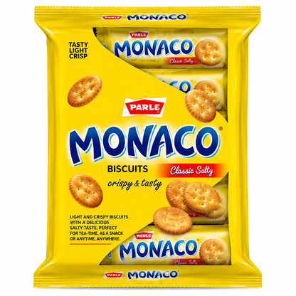 Parle Monaco Salted Biscuits multipack in bright yellow packaging with blue branding and images of crispy salted crackers, displayed against a clean white background.