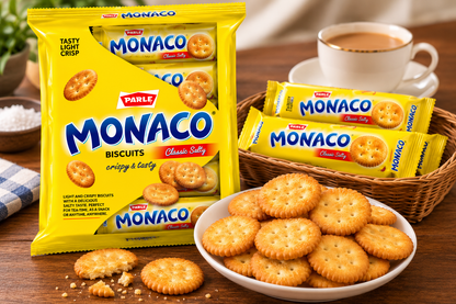 Parle Monaco Salted Biscuits multipack with individual biscuit packets in a wicker basket, a plate of golden salted crackers and a cup of tea on a wooden table.