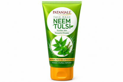 Patanjali Neem Tulsi Face Wash 600g featuring a vibrant green tube with a bright orange flip-top cap, the Patanjali logo, bold Neem Tulsi lettering, and botanical illustrations of fresh neem leaves and tulsi herbs. The packaging highlights the herbal face wash with cleansing and skin-purifying benefits. Displayed upright against a clean white background, showcasing Patanjali Ayurvedic neem and tulsi face wash for everyday facial cleansing and skincare.Patanjali Neem Tulsi Face Wash 600g featuring a vibrant 