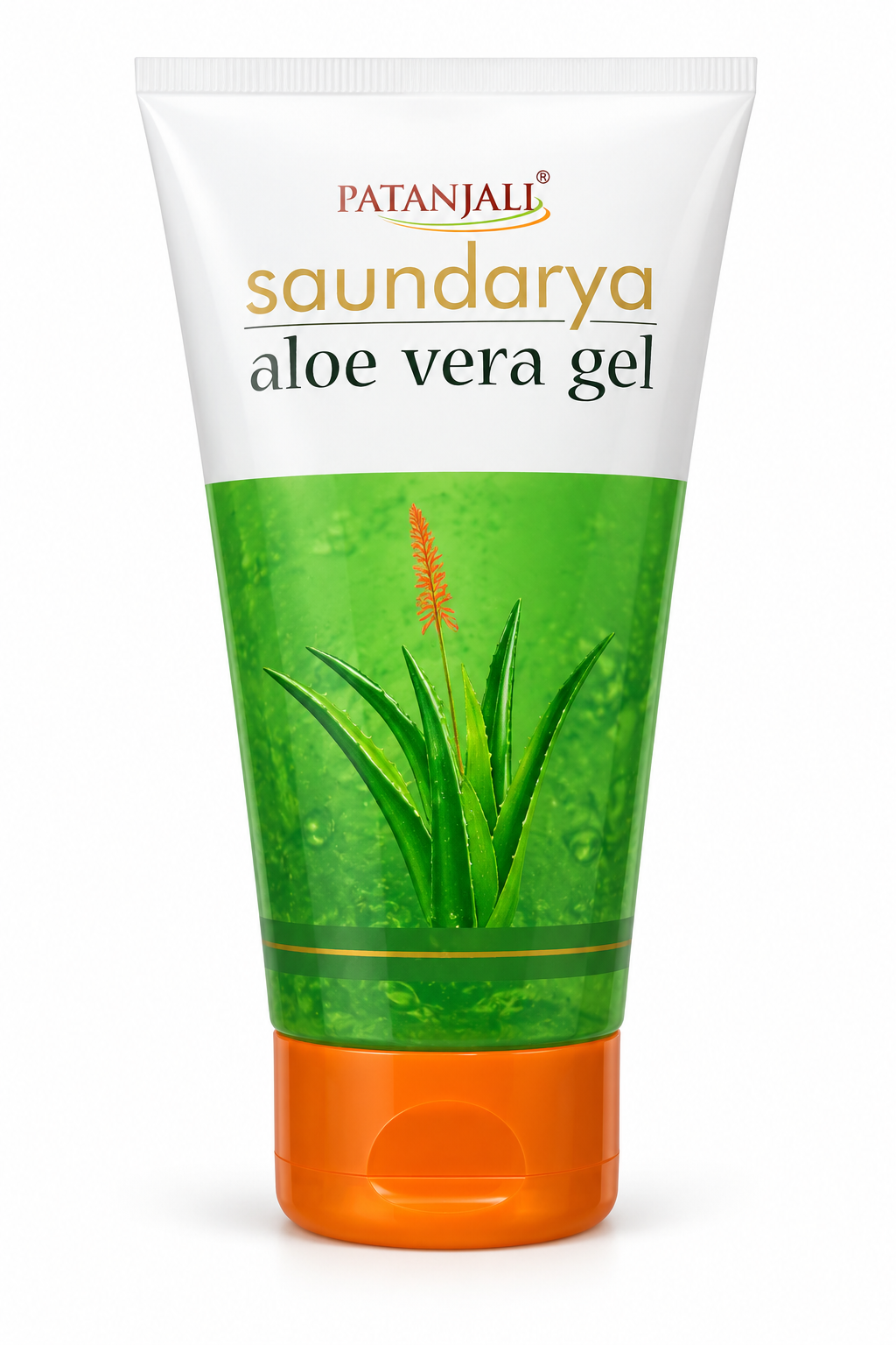 Patanjali Saundarya Aloe Vera Gel 150g in a white and green tube with an orange cap, gold Saundarya branding and aloe vera plant graphics.