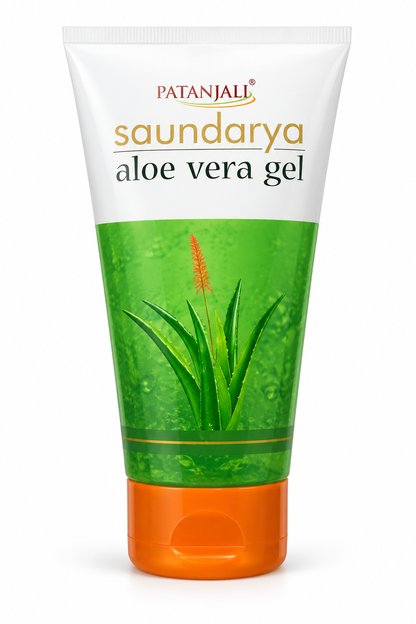 Patanjali Saundarya Aloe Vera Gel 150g in a white and green tube with an orange cap, gold Saundarya branding and aloe vera plant graphics.