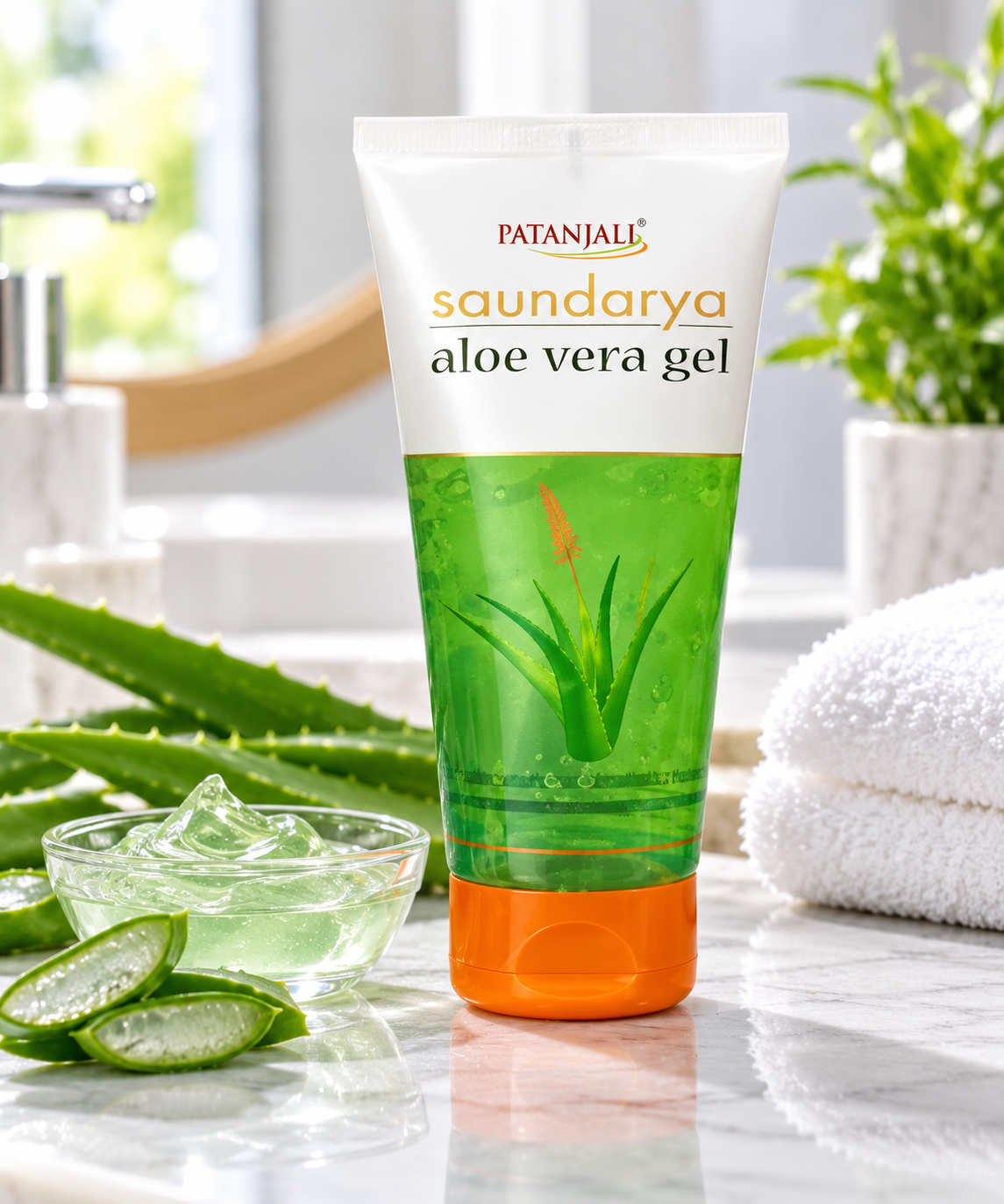 Patanjali Saundarya Aloe Vera Gel 150g displayed on a bright marble bathroom counter with fresh aloe vera leaves, sliced aloe, a glass bowl of clear aloe gel and a soft white towel.