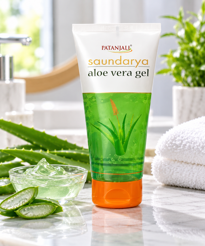 Patanjali Saundarya Aloe Vera Gel 150g displayed on a bright marble bathroom counter with fresh aloe vera leaves, sliced aloe, a glass bowl of clear aloe gel and a soft white towel.