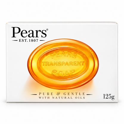 Pears Amber Transparent Bar Soap 125g in white packaging featuring the black Pears logo, amber oval soap design, and Pure & Gentle with Natural Oils text, displayed against a clean white background.
