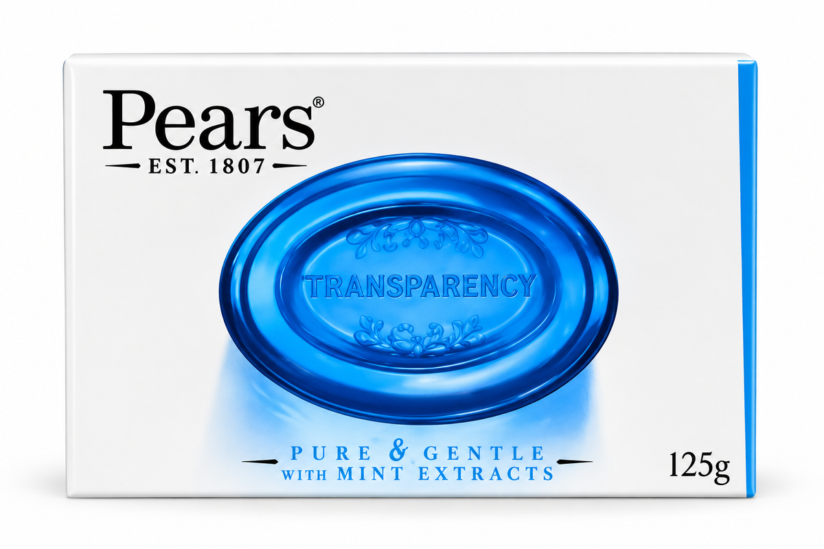 Pears Blue Bar Soap 125g in white packaging with a blue transparent soap design, featuring Pears branding and mint extracts on a clean white background.