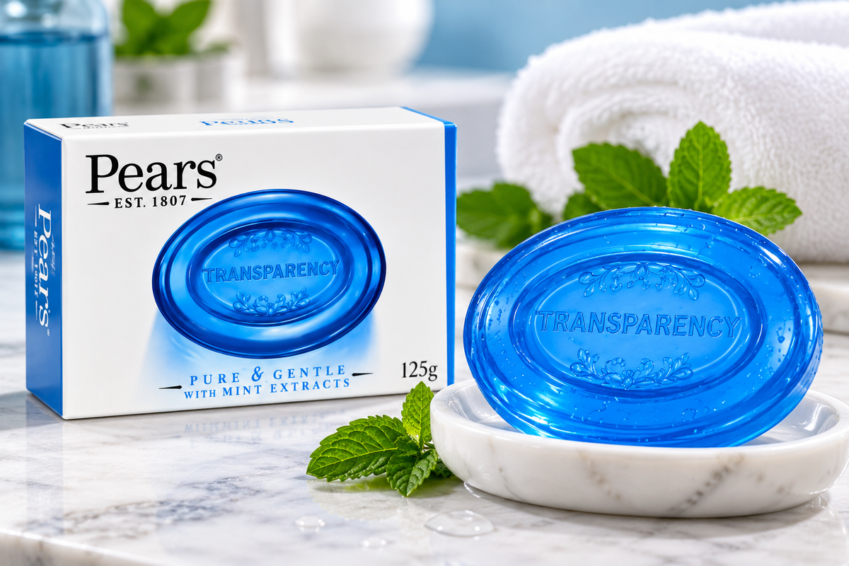 Pears Blue Bar Soap 125g with blue transparent soap, mint leaves and white packaging displayed on a marble bathroom surface with a white towel.