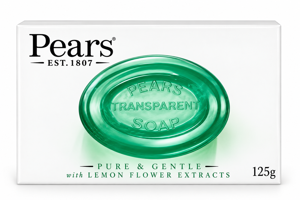 Pears Green Transparent Soap 125g featuring a glossy emerald-green translucent oval soap bar inside white packaging, the classic Pears logo, Est. 1807 branding, and green lettering highlighting pure and gentle cleansing with lemon flower extracts. Displayed against a clean white background, showcasing the transparent green beauty soap for everyday personal care and a refreshing bathing routine.