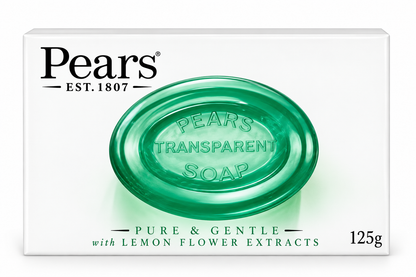 Pears Green Transparent Soap 125g featuring a glossy emerald-green translucent oval soap bar inside white packaging, the classic Pears logo, Est. 1807 branding, and green lettering highlighting pure and gentle cleansing with lemon flower extracts. Displayed against a clean white background, showcasing the transparent green beauty soap for everyday personal care and a refreshing bathing routine.