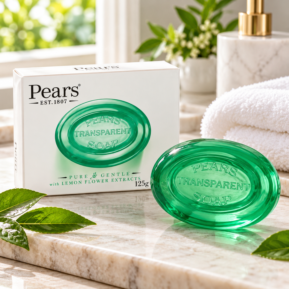 Pears Green Transparent Soap 125g box and glossy emerald-green oval soap bar displayed on a marble bathroom countertop alongside soft white towels, fresh green leaves, and a white dispenser in a bright, spa-inspired setting. Featuring the Pears branding and transparent soap design, this lifestyle image highlights the green beauty bar as part of a clean and refreshing daily bathing routine.