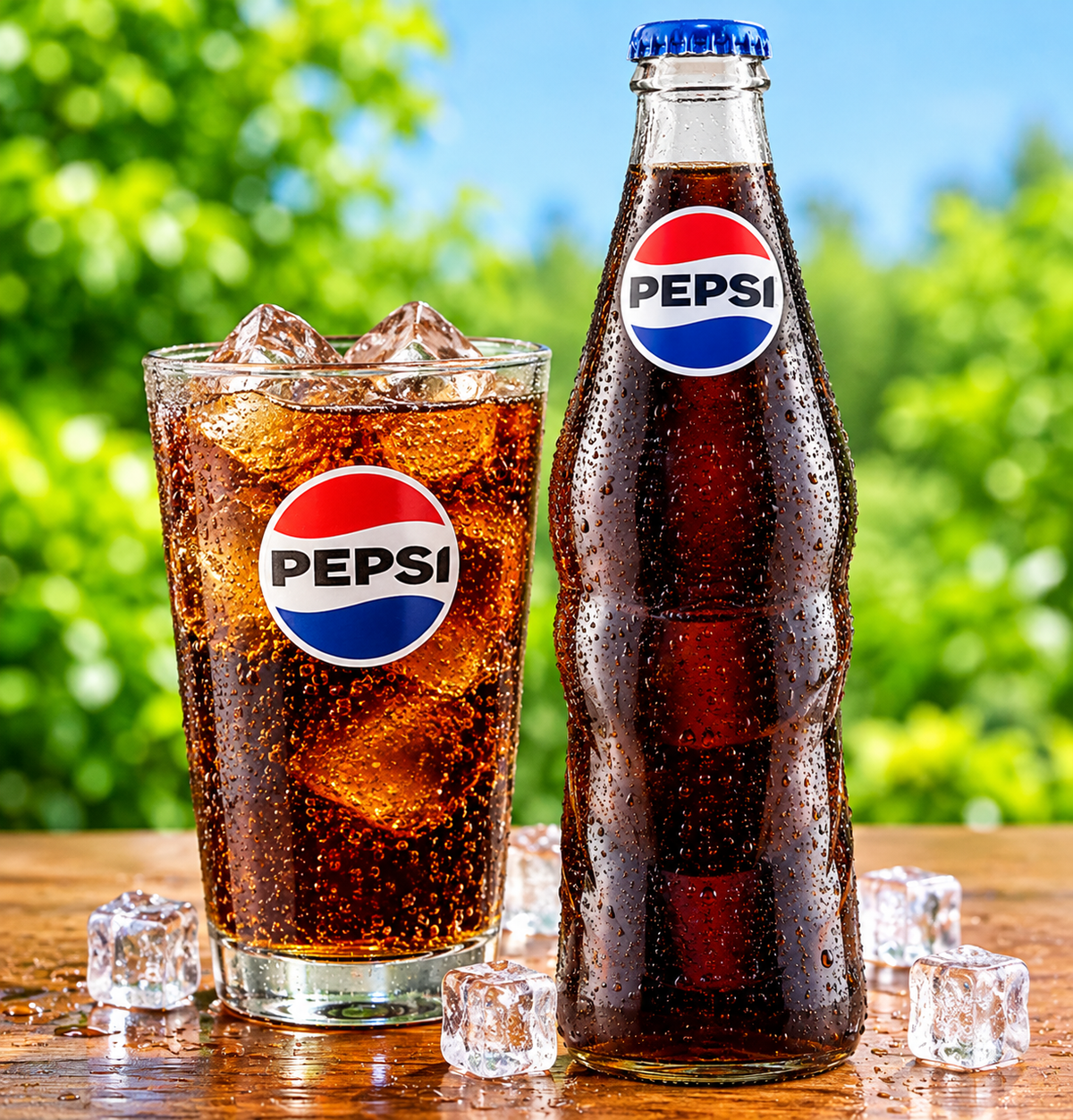 Pepsi Cola glass bottle beside a glass of chilled cola with ice cubes on a wooden table, with condensation and a refreshing outdoor background.