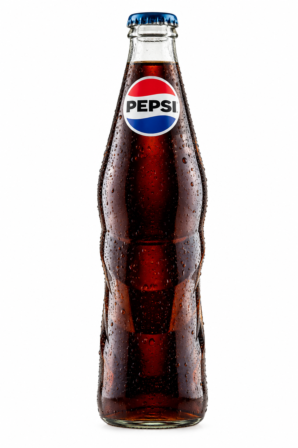 Pepsi Cola 250ml glass bottle filled with dark cola, featuring a blue cap and classic red, white and blue Pepsi logo against a clean white background.
