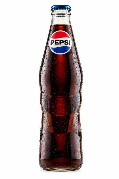 Pepsi Cola 250ml glass bottle filled with dark cola, featuring a blue cap and classic red, white and blue Pepsi logo against a clean white background.