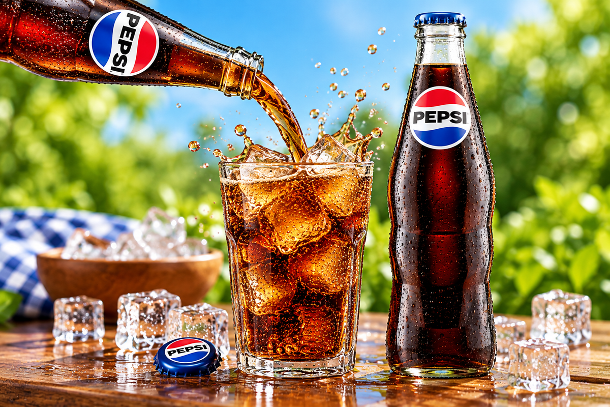 Pepsi Cola being poured from a glass bottle into an ice-filled glass, with sparkling cola splashes, ice cubes and a second chilled Pepsi bottle.