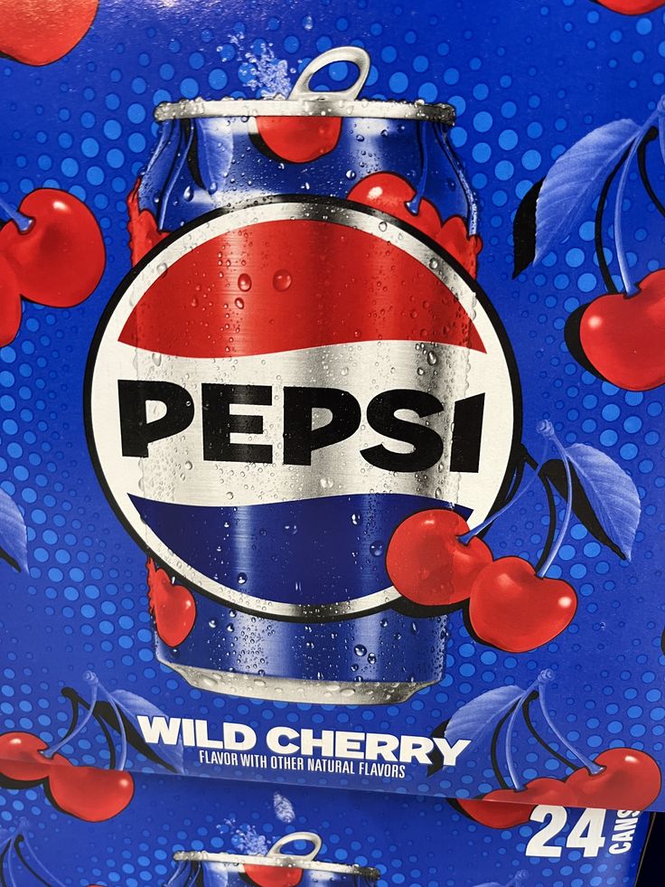 Pepsi Wild Cherry 355ml can featuring vibrant red and blue packaging, offering a sweet cherry-flavored soda with a classic Pepsi taste.