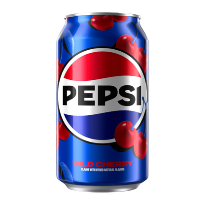 Pepsi Wild Cherry 355ml can featuring vibrant red and blue packaging, offering a sweet cherry-flavored soda with a classic Pepsi taste.