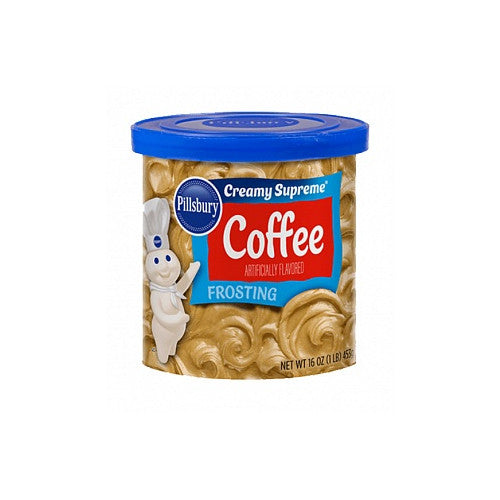 A jar of Pillsbury Coffee Frosting, featuring a smooth, creamy texture and rich coffee flavor, perfect for topping cakes, cupcakes, and other coffee-flavored desserts.