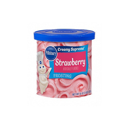 A jar of Pillsbury Strawberry Frosting, featuring a smooth, creamy texture and a vibrant pink color, ideal for decorating cakes, cupcakes, and other sweet treats with a fresh strawberry flavor.