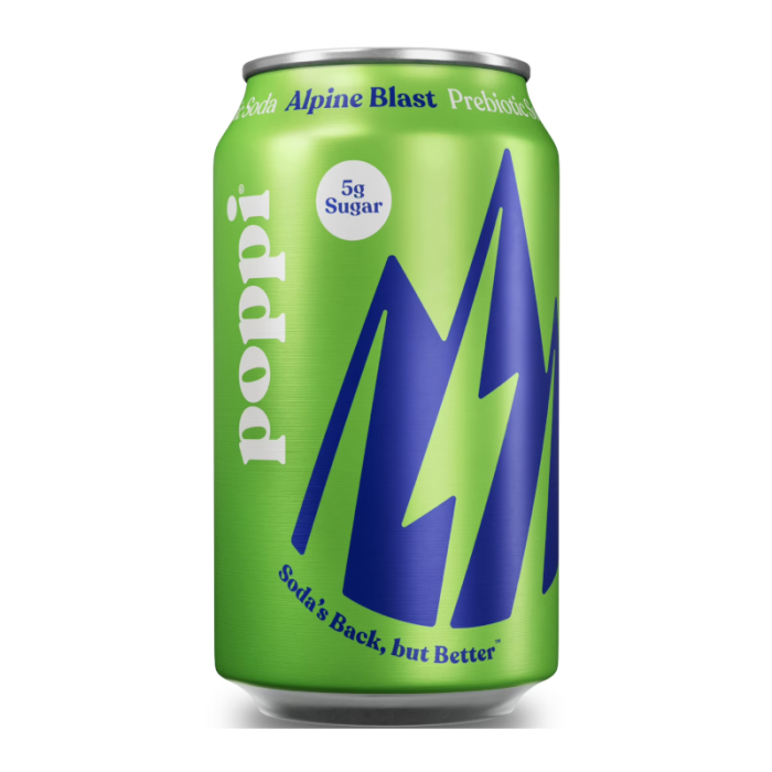 Poppi Prebiotic Soda Alpine Blast 355ml can with bright, clean packaging, offering a citrus-flavored soda infused with apple cider vinegar for gut health.