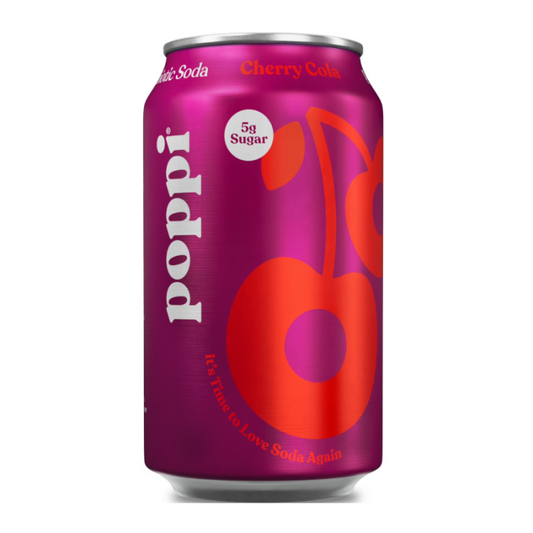 Poppi Prebiotic Soda Cherry Cola 355ml can with vibrant packaging, offering a tangy cherry cola flavor with apple cider vinegar and prebiotics for gut health.