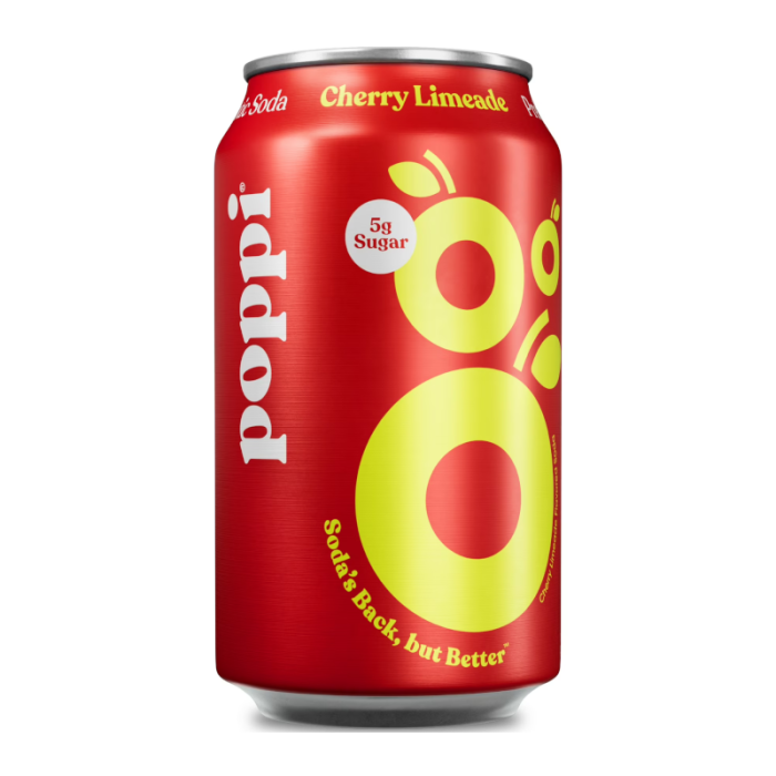 Poppi Prebiotic Soda Cherry Limeade 355ml can featuring vibrant cherry and lime flavors with apple cider vinegar and prebiotics for gut health.