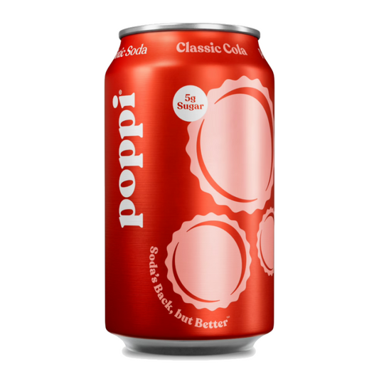 Poppi Prebiotic Soda Classic Cola 12 oz 355 ml can with fizzy dark brown beverage and colorful label