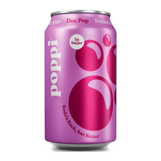 Poppi Prebiotic Soda Doc Pop 12 oz 355 ml can with bright orange beverage and colorful label