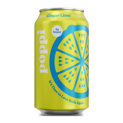 Poppi Prebiotic Soda Ginger Lime 12 oz 355 ml can with light golden beverage and colorful label